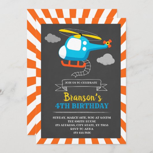 Helikopter verjaardagsfeestje uitnodiging (Voorkant / Achterkant)
