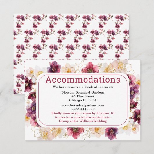 Hellebore Floral Burgundy Wedding Accommodations Informatiekaartje (Voorkant / Achterkant)