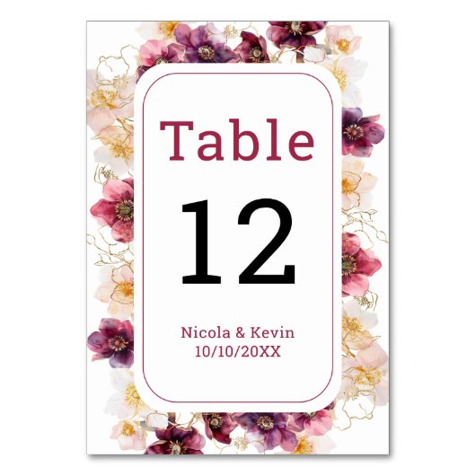 Hellebore Floral Burgundy Wedding Table Number Kaart (Voorkant)