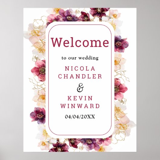 Hellebore Floral Burgundy Wedding Welcome Sign Poster (Voorkant)