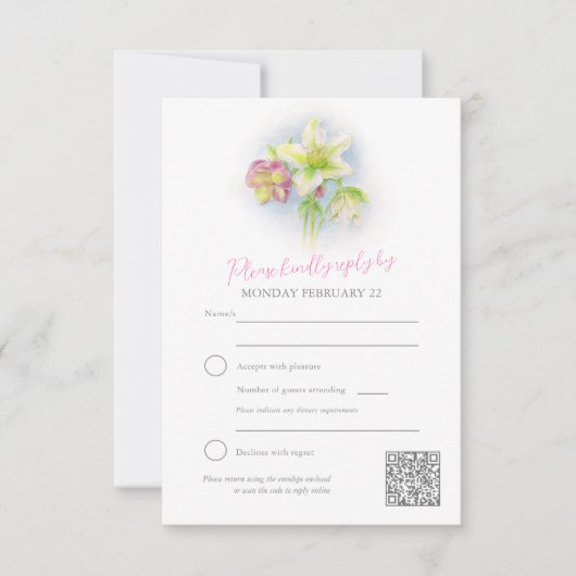 Hellebore waterverf kunst lente bruiloft QR code RSVP Kaartje (Voorkant)