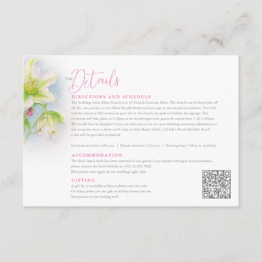 Hellebore waterverf lente bruiloft details informatiekaartje (Voorkant)