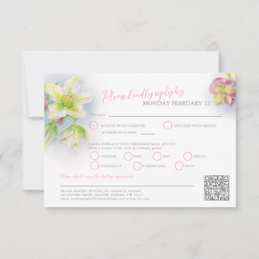 Hellebore waterverf lente bruiloft QR code maaltij RSVP Kaartje (Voorkant)
