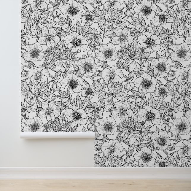 Hellebores in zwart en wit behang (Applicatie)