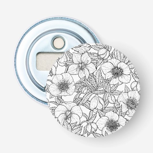 Hellebores in zwart-wit button flesopener (Voorkant)