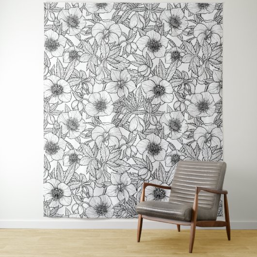 Hellebores in zwart-wit wandkleed (In situ)