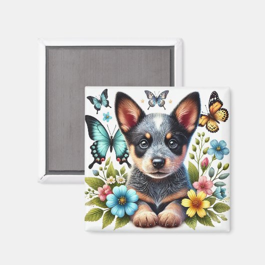 Heller Puppy met vlinders en bloemen Magneet (Voorkant / Achterkant)