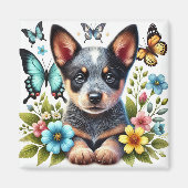 Heller Puppy met vlinders en bloemen Magneet (Voorkant)
