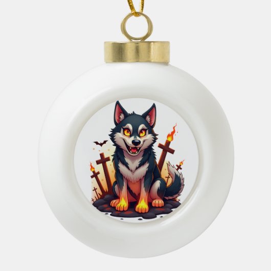 Hellhound Husky Dog Keramische Bal Ornament (Voorkant)