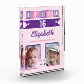 Hello 16 (any age) name est date pink purple fotoblokken (Links)