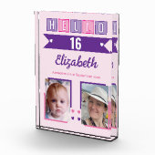 Hello 16 (any age) name est date pink purple fotoblokken (Rechts)