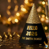 Hello 2026 Black & Gold Glitter Custom Family Name Feesthoedjes