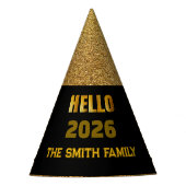 Hello 2026 Black & Gold Glitter Custom Family Name Feesthoedjes (Voorkant)