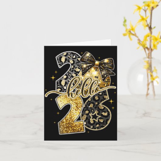 Hello 2026 Coquette Bow Leopard New Years Eve Part Kaart (Gele Bloem)
