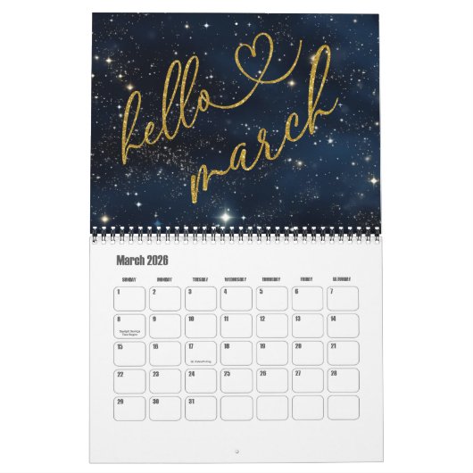 Hello 2026 Gold Glitter Chic Galaxy Calendar Kalender (Mar 2026)