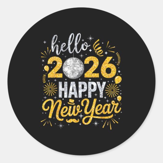Hello 2026 Happy New Year Fireworks Balloons Famil Ronde Sticker (Voorkant)