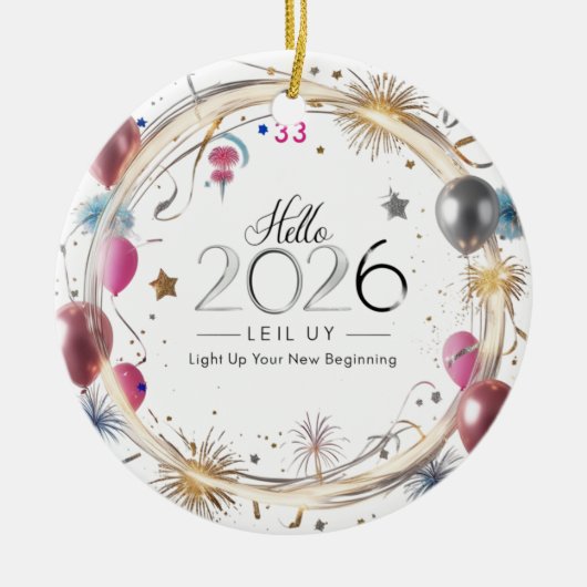 Hello 2026 Metallic Balloons Circle Keramisch Ornament (Voorkant)