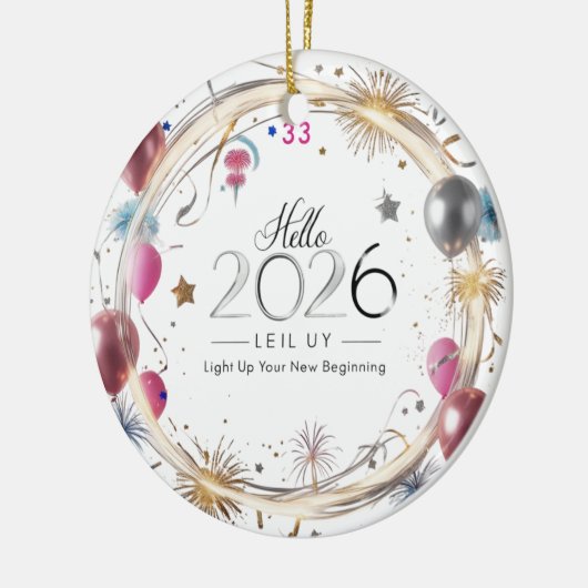 Hello 2026 Metallic Balloons Circle Keramisch Ornament (Links)