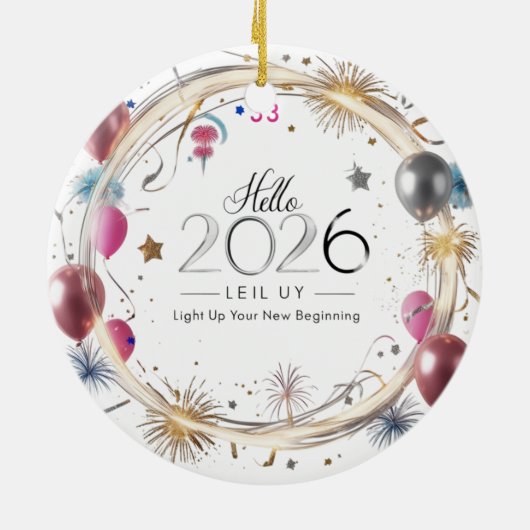 Hello 2026 Metallic Balloons Circle Keramisch Ornament (Achterkant)