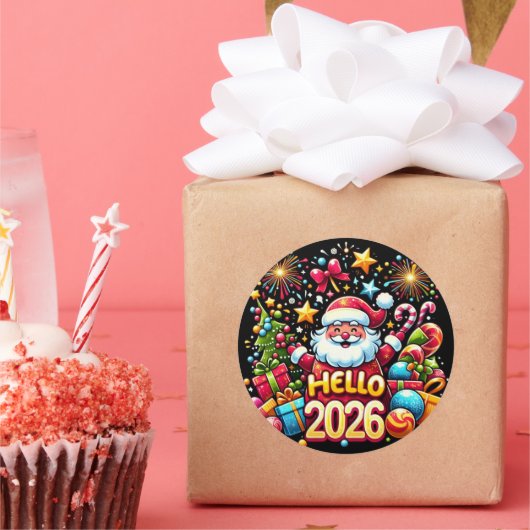 Hello 2026 Santa Claus Christmas New Year Ronde Sticker (Feest)
