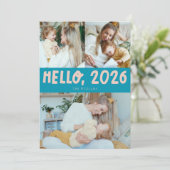 Hello 2026 Typography Aqua Blue Photo Feestdagenkaart (Staand voorkant)