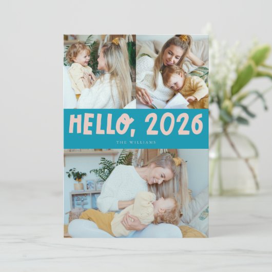 Hello 2026 Typography Aqua Blue Photo Feestdagenkaart (Staand voorkant)