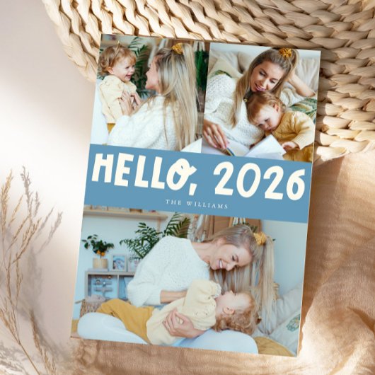 Hello 2026 Typography Denim Blue Photo Feestdagenkaart