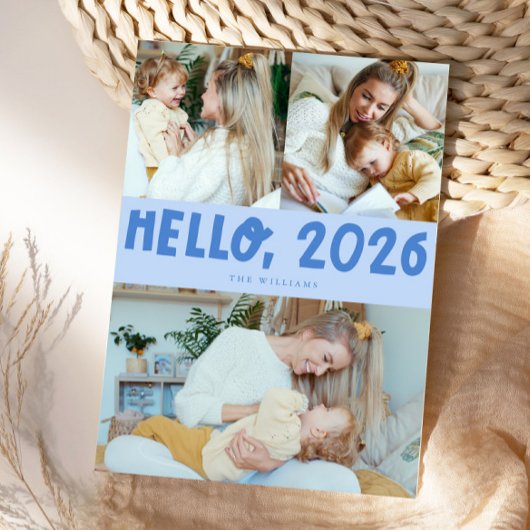 Hello 2026 Typography Icy Blue Photo Feestdagenkaart