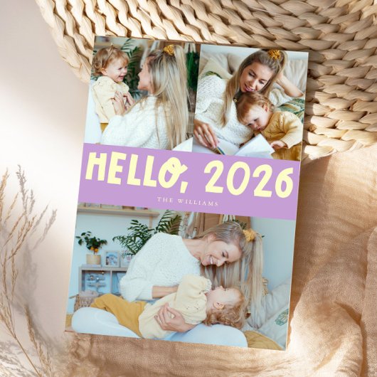 Hello 2026 Typography Lemon Wisteria Photo Feestdagenkaart