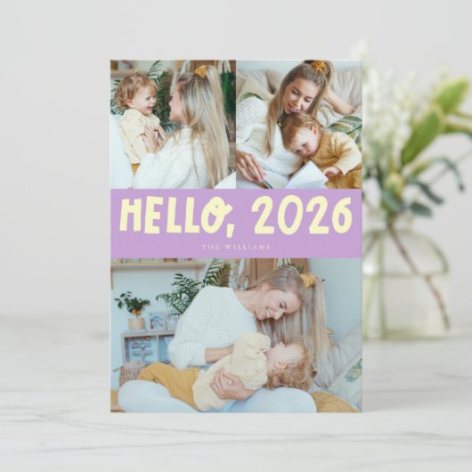 Hello 2026 Typography Lemon Wisteria Photo Feestdagenkaart (Staand voorkant)