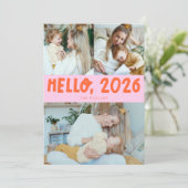 Hello 2026 Typography Orange Pink Photo Feestdagenkaart (Staand voorkant)