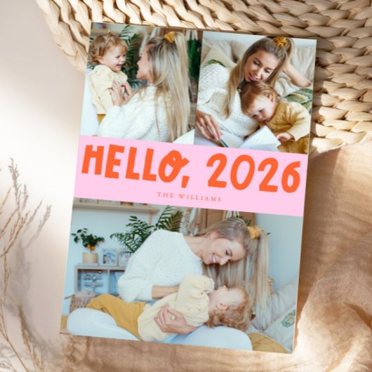 Hello 2026 Typography Orange Pink Photo Feestdagenkaart