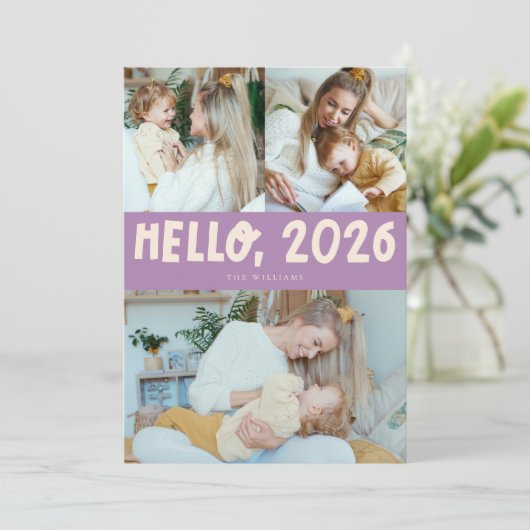Hello 2026 Typography Purple Photo Feestdagenkaart (Staand voorkant)