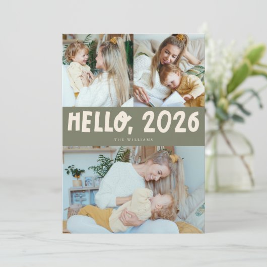 Hello 2026 Typography Sage Green Photo Feestdagenkaart (Staand voorkant)