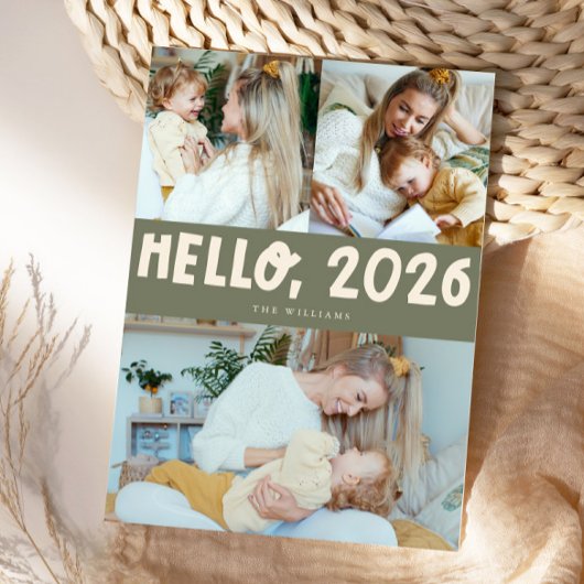 Hello 2026 Typography Sage Green Photo Feestdagenkaart