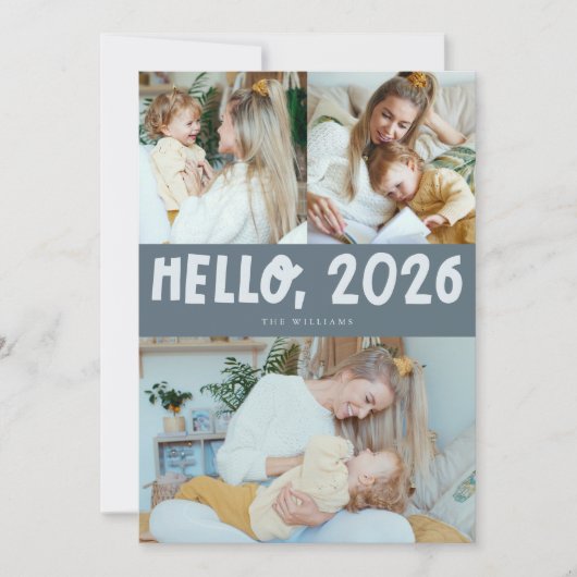 Hello 2026 Typography Slate Blue Photo Feestdagenkaart (Voorkant)