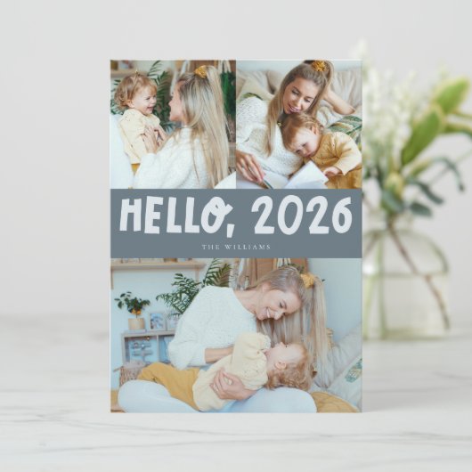 Hello 2026 Typography Slate Blue Photo Feestdagenkaart (Staand voorkant)