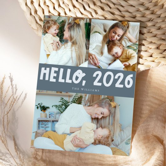 Hello 2026 Typography Slate Blue Photo Feestdagenkaart