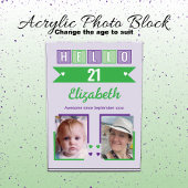 Hello 21 (any age) name est date green purple fotoblokken