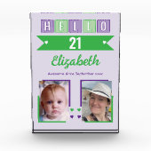 Hello 21 (any age) name est date green purple fotoblokken (Voorkant)