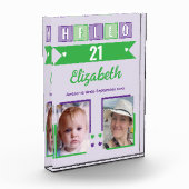 Hello 21 (any age) name est date green purple fotoblokken (Links)