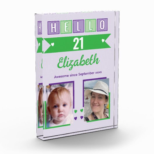 Hello 21 (any age) name est date green purple fotoblokken (Links)