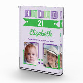 Hello 21 (any age) name est date green purple fotoblokken (Rechts)