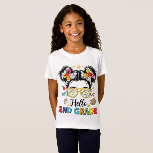 Hello 2nd Grade Messy Bun Coquette Bow Teacher T-shirt (Voorkant volledig)