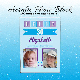 Hello 30 (any age) name est date blue purple fotoblokken