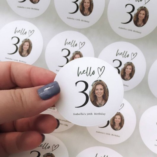 Hello 30 Custom Birthday Photo Sticker Tag