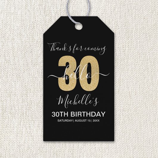 Hello 30! Funny 30th birthday with Golden glitter Cadeaulabel