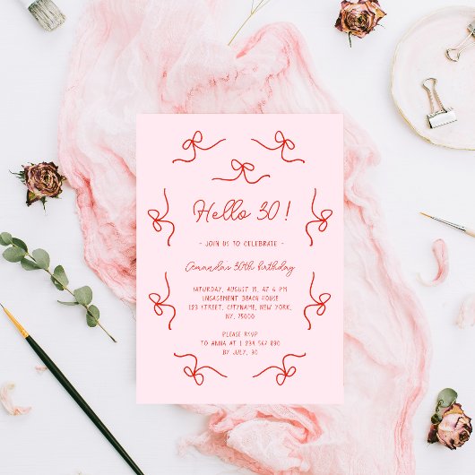 Hello 30 Hand Drawn Whimsical Bows Birthday Party Kaart