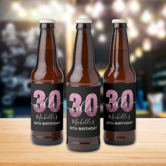 Hello 30! Modern 30th birthday Pink glitter Bier Etiket