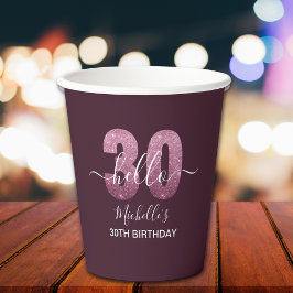 Hello 30! Modern 30th birthday Pink glitter Papieren Bekers